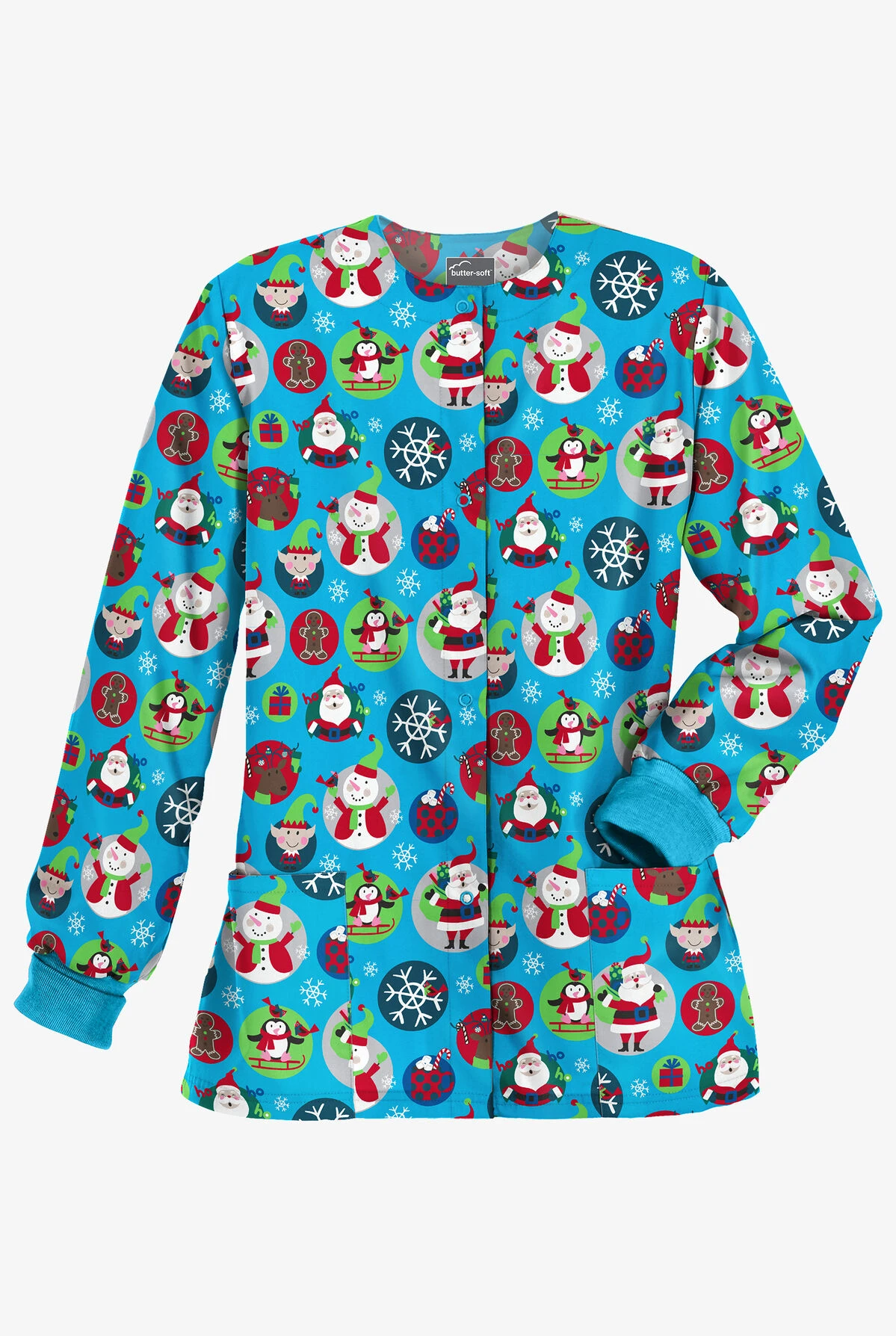 Butter-Soft Christmas Stickers Turquoise Women's 2-Pocket Warm-Up Print Scrub Jacket 1 Butter-Soft Christmas Stickers Turquoise Women's 2-Pocket Warm-Up Print Scrub Jacket