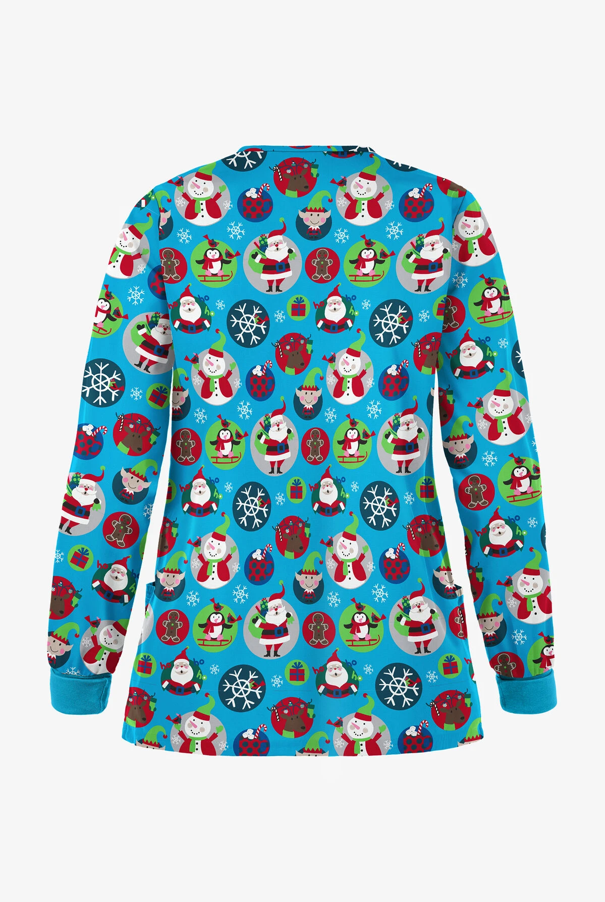 Butter-Soft Christmas Stickers Turquoise Women's 2-Pocket Warm-Up Print Scrub Jacket 2 Butter-Soft Christmas Stickers Turquoise Women's 2-Pocket Warm-Up Print Scrub Jacket - Image 2