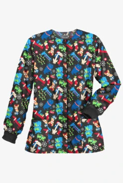 Butter-Soft Happy Dogs Women's 2-Pocket Warm-Up Print Scrub Jacket