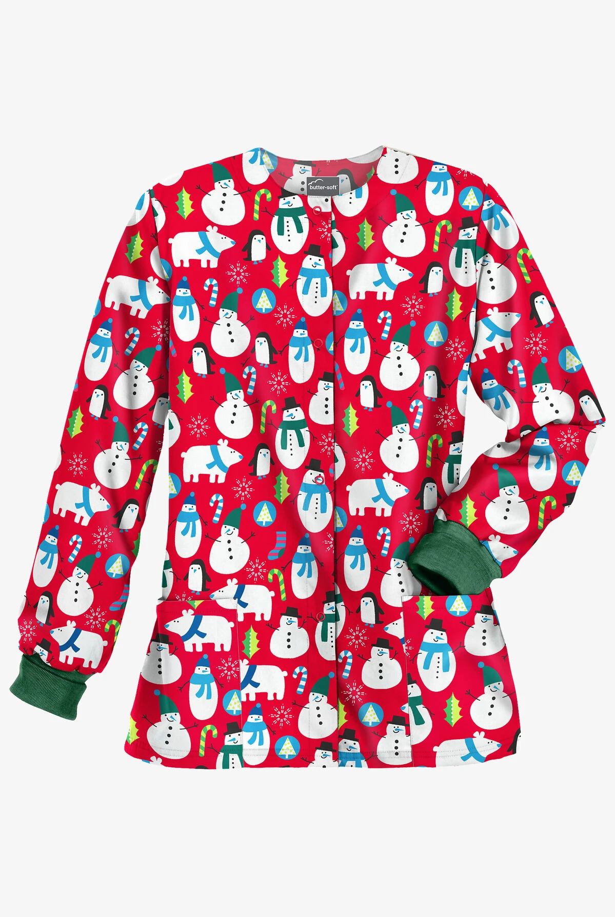 Butter-Soft North Pole Party Red Women's 2-Pocket Warm-Up Print Scrub Jacket 1 Butter-Soft North Pole Party Red Women's 2-Pocket Warm-Up Print Scrub Jacket