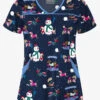 Butter-Soft Holiday Fun Navy Women's 4-Pocket Princess Seam Printed Scrub Top