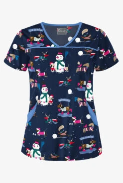 Butter-Soft Holiday Fun Navy Women's 4-Pocket Princess Seam Printed Scrub Top