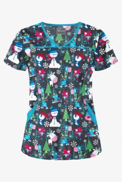 Butter-Soft Holiday Party Pewter Women's 4-Pocket Princess Seam Print Scrub Top