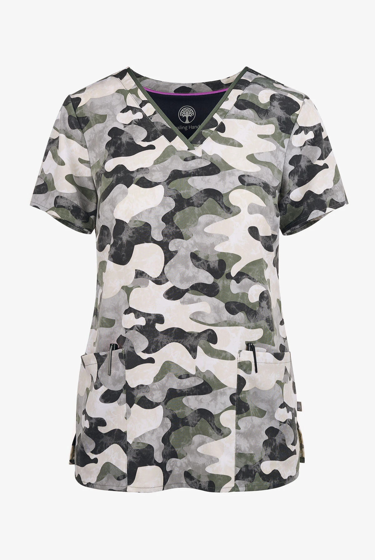 Healing Hands Stylized Camo Women's 3-Pocket STRETCH V-Neck Print Scrub Top 1 Healing Hands Stylized Camo Women's 3-Pocket STRETCH V-Neck Print Scrub Top
