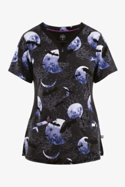 Healing Hands Wicked Moon Halloween Women's 3-Pocket STRETCH Y-Neck Print Scrub Top