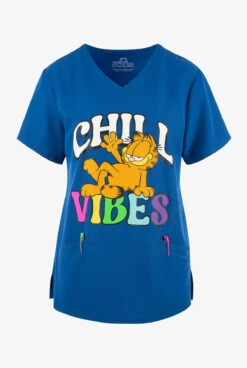FUNSCRUBS Garfield Chill Vibes Women's 2-Pocket STRETCH V-Neck Print Scrub Top