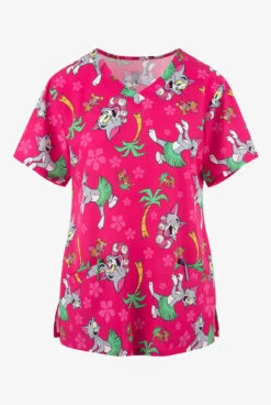 FUNSCRUBS- Tom & Jerry Palm Trees Women's 2-Pocket STRETCH V-Neck Print Scrub Top