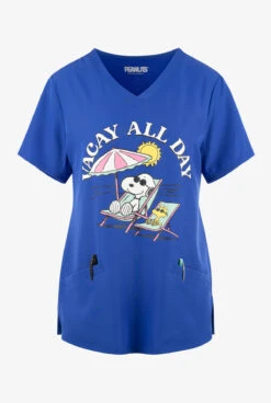 FUNSCRUBS- Peanuts Snoopy Vacay All Day Women's 2-Pocket STRETCH V-Neck Print Scrub Top