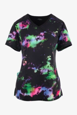 Cherokee Infinity Color-blur Texture Tie Dye Women's 3-Pocket STRETCH Mock Wrap Print Scrub Top