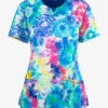 Cherokee Infinity Tie Dye Burst Women's 3-Pocket STRETCH Notched Round Neck Print Scrub Top