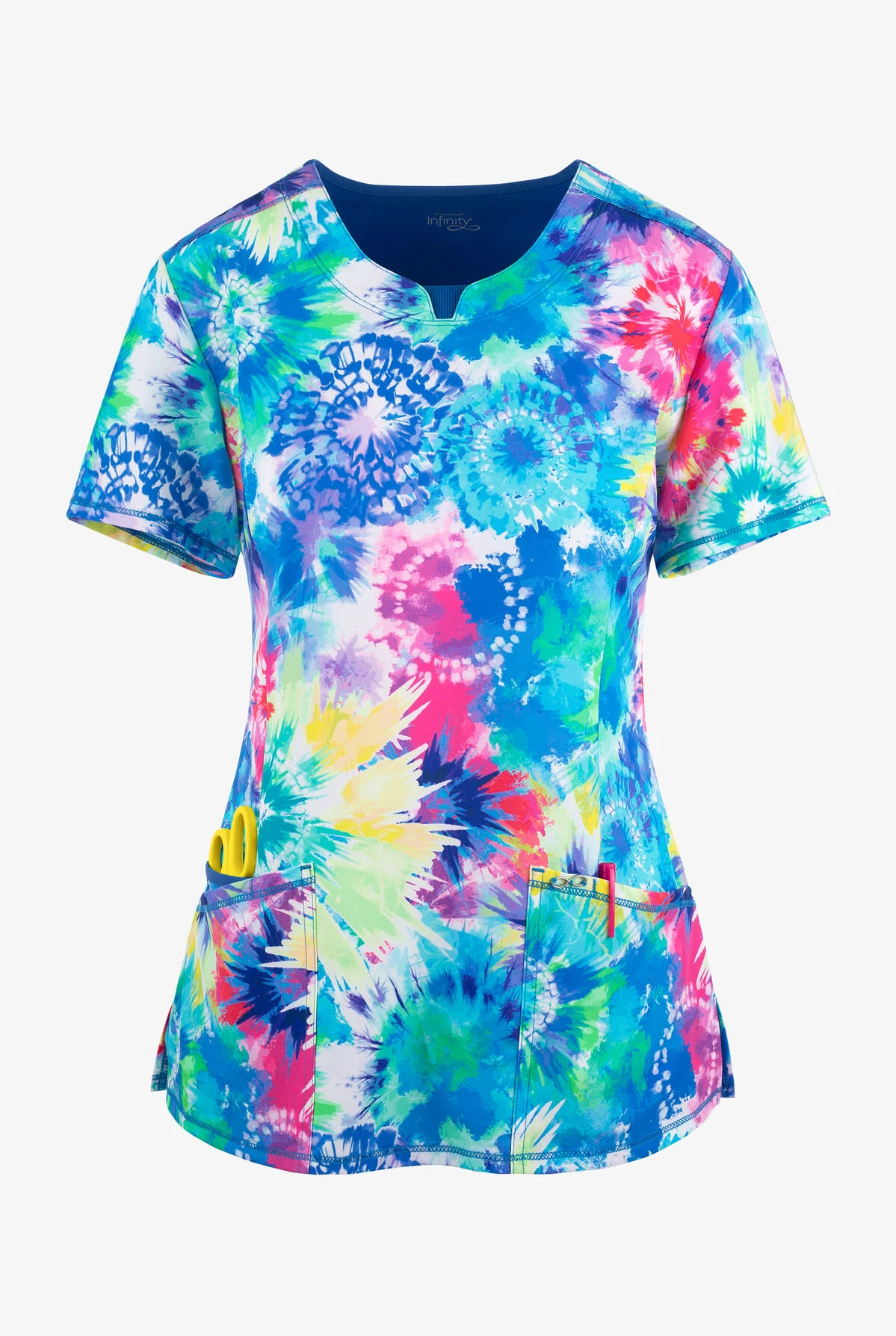 Cherokee Infinity Tie Dye Burst Women's 3-Pocket STRETCH Notched Round Neck Print Scrub Top 1 Cherokee Infinity Tie Dye Burst Women's 3-Pocket STRETCH Notched Round Neck Print Scrub Top