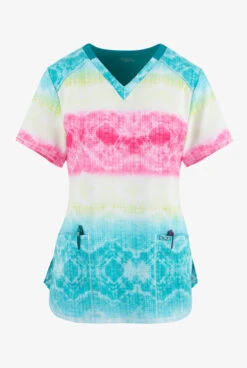 Cherokee Infinity Trippy Stripes Tie Dye Women's 2-Pocket STRETCH V-Neck Print Scrub Top