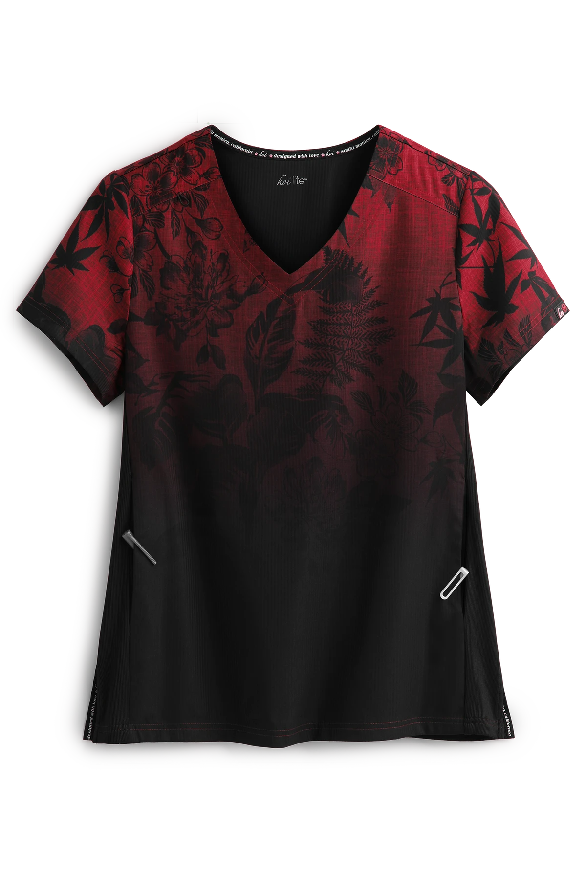 Koi Lite™ Eastern Dreams Ruby Ombre Women's 2-Pocket V-Neck Print Scrub Top 1 Koi Lite™ Eastern Dreams Ruby Ombre Women's 2-Pocket V-Neck Print Scrub Top