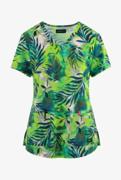 Koi Planet Koi Breezy Palm Women's 2-Pocket STRETCH V-Neck Print Scrub Top