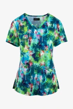 Planet Koi Palm Oasis Tie Dye Women's 3-Pocket STRETCH V-Neck Print Scrub Top