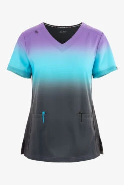 Koi Lite Wisteria/Electric Blue/Charcoal Ombre Women's 2-Pocket STRETCH V-Neck Print Scrub Top