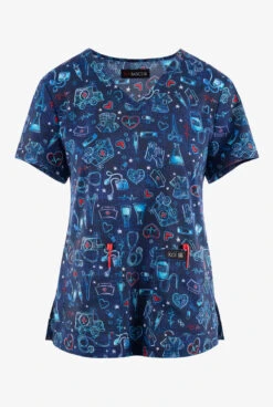 Koi Basics Fully Equipped Hearts Women's 2-Pocket STRETCH V-Neck Print Scrub Top