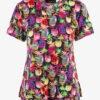 Koi Basics Colorful Tiki Pineapple Women's 2-Pocket STRETCH V-Neck Print Scrub Top