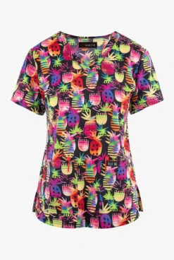 Koi Basics Colorful Tiki Pineapple Women's 2-Pocket STRETCH V-Neck Print Scrub Top