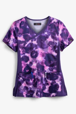 Koi Lite™ Raquel Cheetah Tie Dye Women's 2-Pocket Mock Wrap STRETCH Print Scrub Top