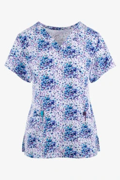 Maevn Animal Bloom Spotted Floral Women's 3-Pocket STRETCH V-Neck Print Scrub Top