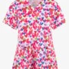 Maevn One Love Hearts Women's 3-Pocket STRETCH V-Neck Print Scrub Top