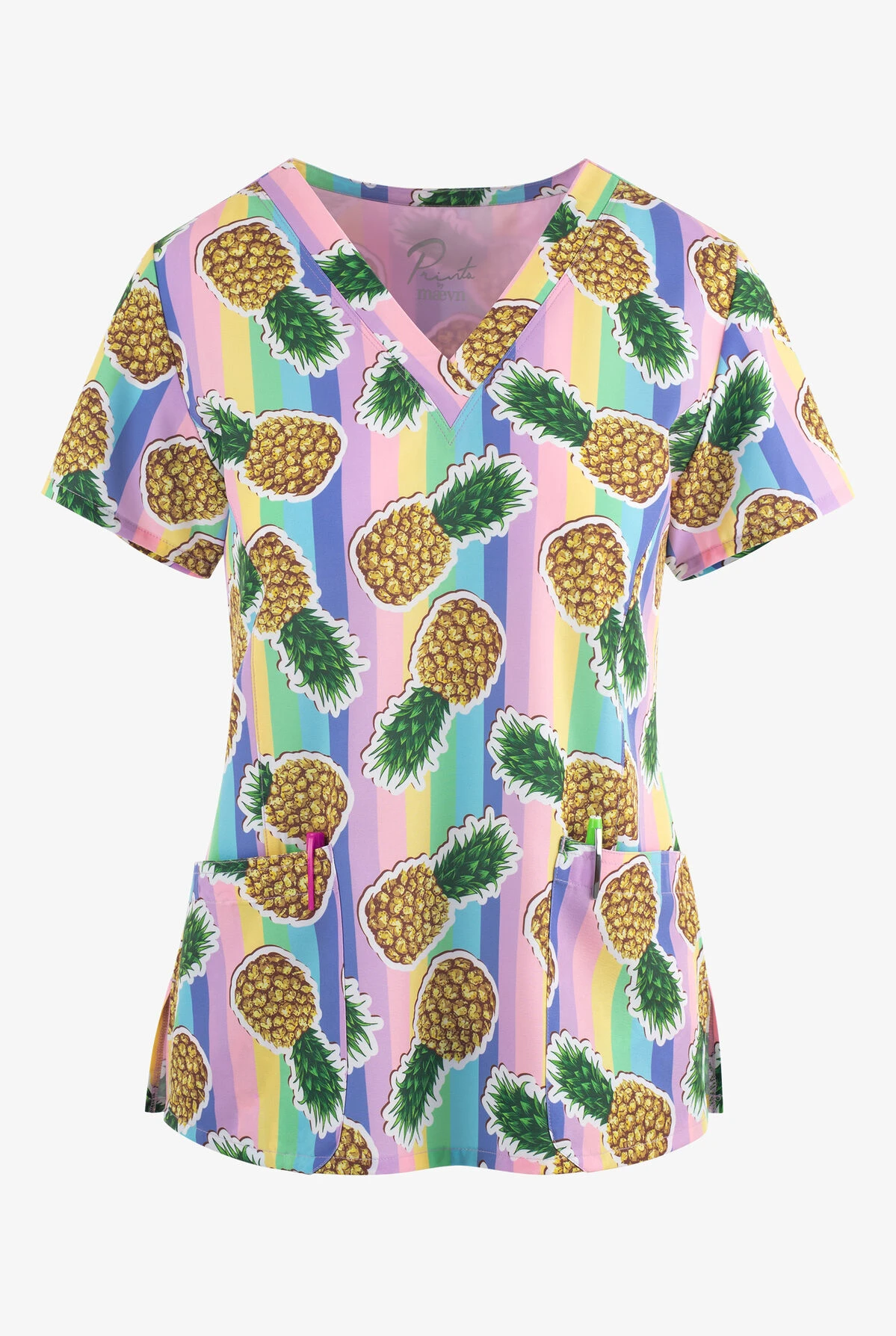 Maevn Mad About Pineapples Women's 3-Pocket STRETCH V-Neck Print Scrub Top 1 Maevn Mad About Pineapples Women's 3-Pocket STRETCH V-Neck Print Scrub Top