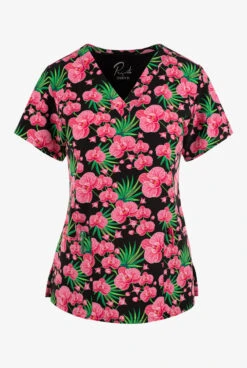 Maevn Orchid Nights Floral Women's 3-Pocket STRETCH V-Neck Print Scrub Top