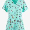 Maevn Surf's Up Dogs Women's 3-Pocket STRETCH V-Neck Print Scrub Top