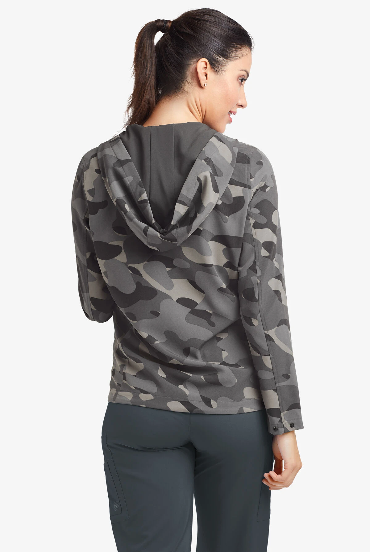 Easy STRETCH By Butter-Soft™ Cloud Camo Pewter Women's 5-Pocket Zip-Front Print Scrub Hoodie 4 Easy STRETCH By Butter-Soft™ Cloud Camo Pewter Women's 5-Pocket Zip-Front Print Scrub Hoodie - Image 4