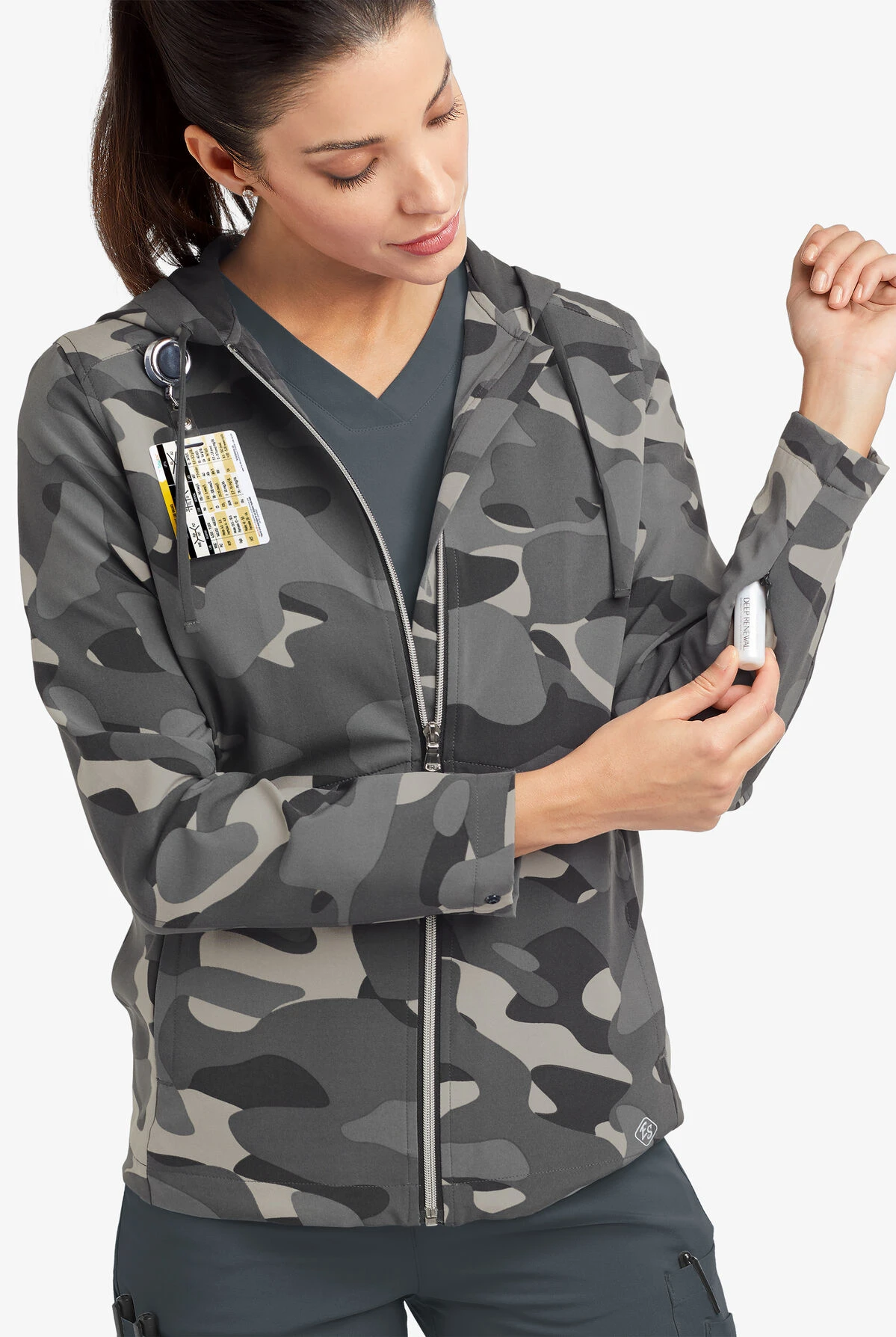 Easy STRETCH By Butter-Soft™ Cloud Camo Pewter Women's 5-Pocket Zip-Front Print Scrub Hoodie 7 Easy STRETCH By Butter-Soft™ Cloud Camo Pewter Women's 5-Pocket Zip-Front Print Scrub Hoodie - Image 7