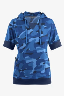 Easy Stretch By Butter-Soft Cloud Camo Navy Women's 3-Pocket Short Sleeve Pull-Over Scrub Hoodie