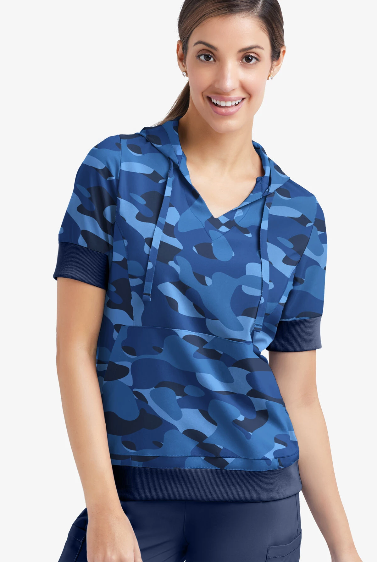 Easy Stretch By Butter-Soft Cloud Camo Navy Women's 3-Pocket Short Sleeve Pull-Over Scrub Hoodie 2 Easy Stretch By Butter-Soft Cloud Camo Navy Women's 3-Pocket Short Sleeve Pull-Over Scrub Hoodie - Image 2