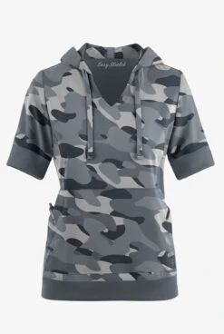 Easy Stretch By Butter-Soft Cloud Camo Pewter Women's 3-Pocket Short Sleeve Pull-Over Scrub Hoodie