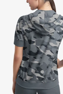 Easy Stretch By Butter-Soft Cloud Camo Pewter Women's 3-Pocket Short Sleeve Pull-Over Scrub Hoodie -Cherokee Shop PBU417PCL 092223 3