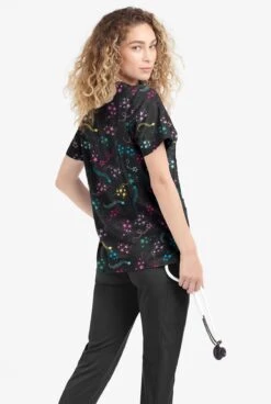 Easy STRETCH By Butter-Soft Shooting Stars Onyx Black Printed Women's 4-Pocket Zip Neck Scrub Top -Cherokee Shop PBU4236STBL 3