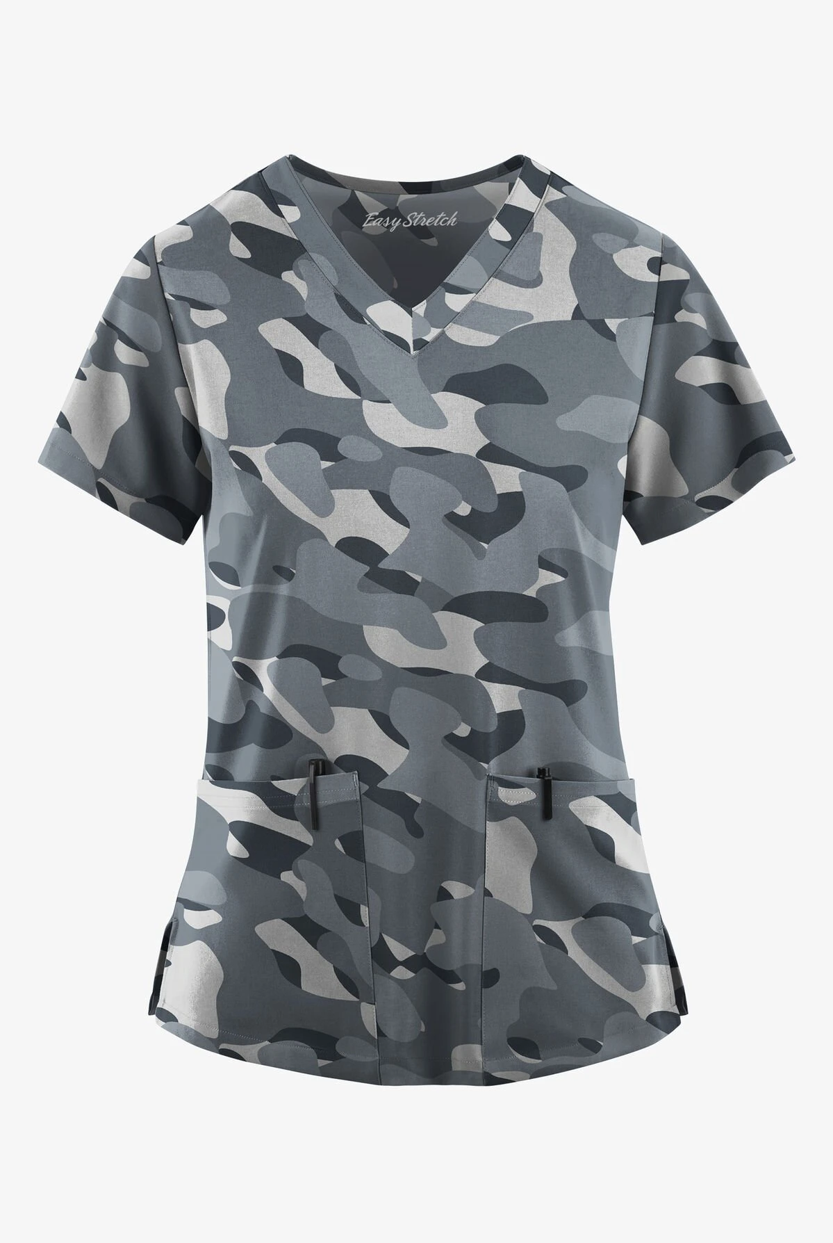 Easy Stretch By Butter-Soft Cloud Camo Pewter Women's 2-Pocket Mitered V-Neck Printed Scrub Top 1 Easy Stretch By Butter-Soft Cloud Camo Pewter Women's 2-Pocket Mitered V-Neck Printed Scrub Top