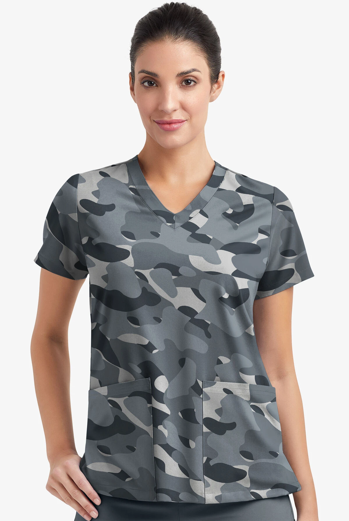 Easy Stretch By Butter-Soft Cloud Camo Pewter Women's 2-Pocket Mitered V-Neck Printed Scrub Top 2 Easy Stretch By Butter-Soft Cloud Camo Pewter Women's 2-Pocket Mitered V-Neck Printed Scrub Top - Image 2