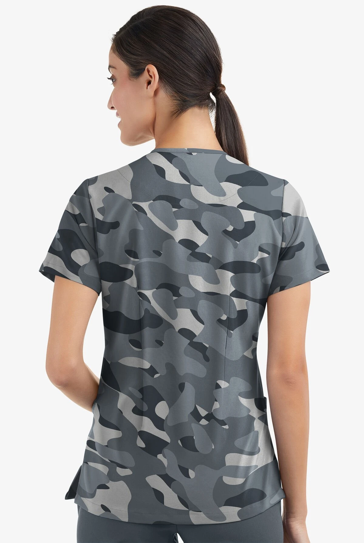 Easy Stretch By Butter-Soft Cloud Camo Pewter Women's 2-Pocket Mitered V-Neck Printed Scrub Top 3 Easy Stretch By Butter-Soft Cloud Camo Pewter Women's 2-Pocket Mitered V-Neck Printed Scrub Top - Image 3