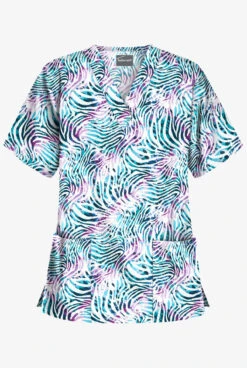 Butter-Soft Abstract Zebra Navy Women's 2-Pocket V-Neck Print Scrub Top