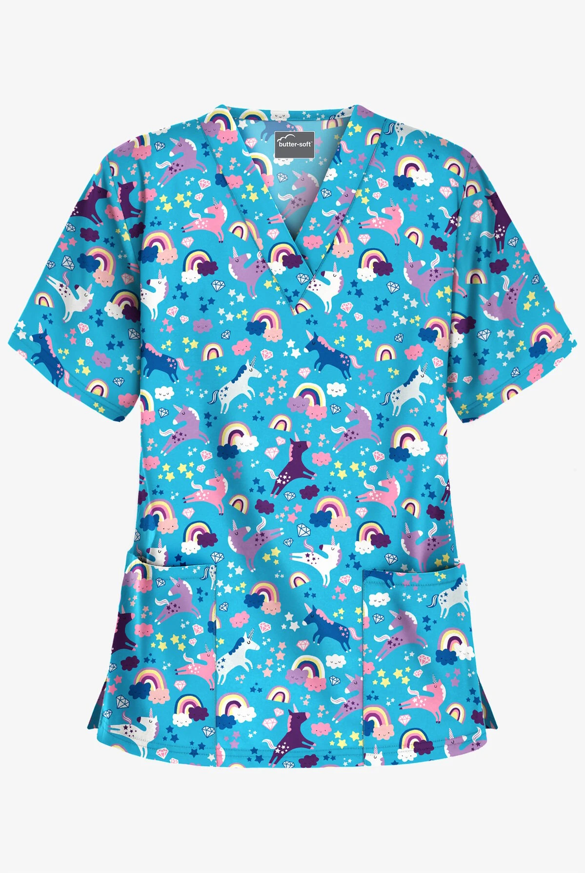 UA Butter-Soft Unicorn Adventure Turquoise Women's 2-Pocket V-Neck Print Scrub Top 1 UA Butter-Soft Unicorn Adventure Turquoise Women's 2-Pocket V-Neck Print Scrub Top