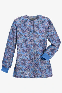 Butter-Soft Baku Paisley Ceil Women's 2-Pocket Warm Up Print Scrub Jacket