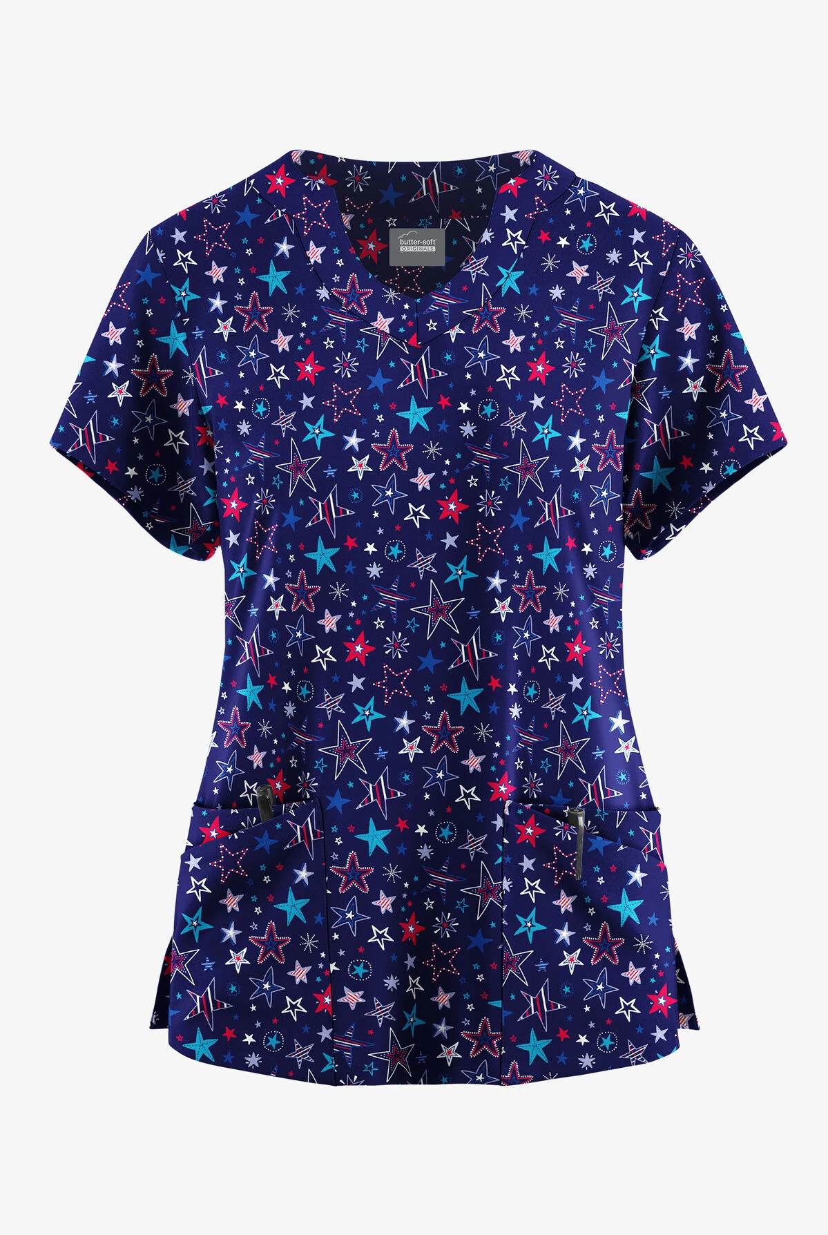 Butter-Soft Originals Summer Starburst Navy Women's 6-Pocket Scallop Neck Printed Scrub Top 1 Butter-Soft Originals Summer Starburst Navy Women's 6-Pocket Scallop Neck Printed Scrub Top