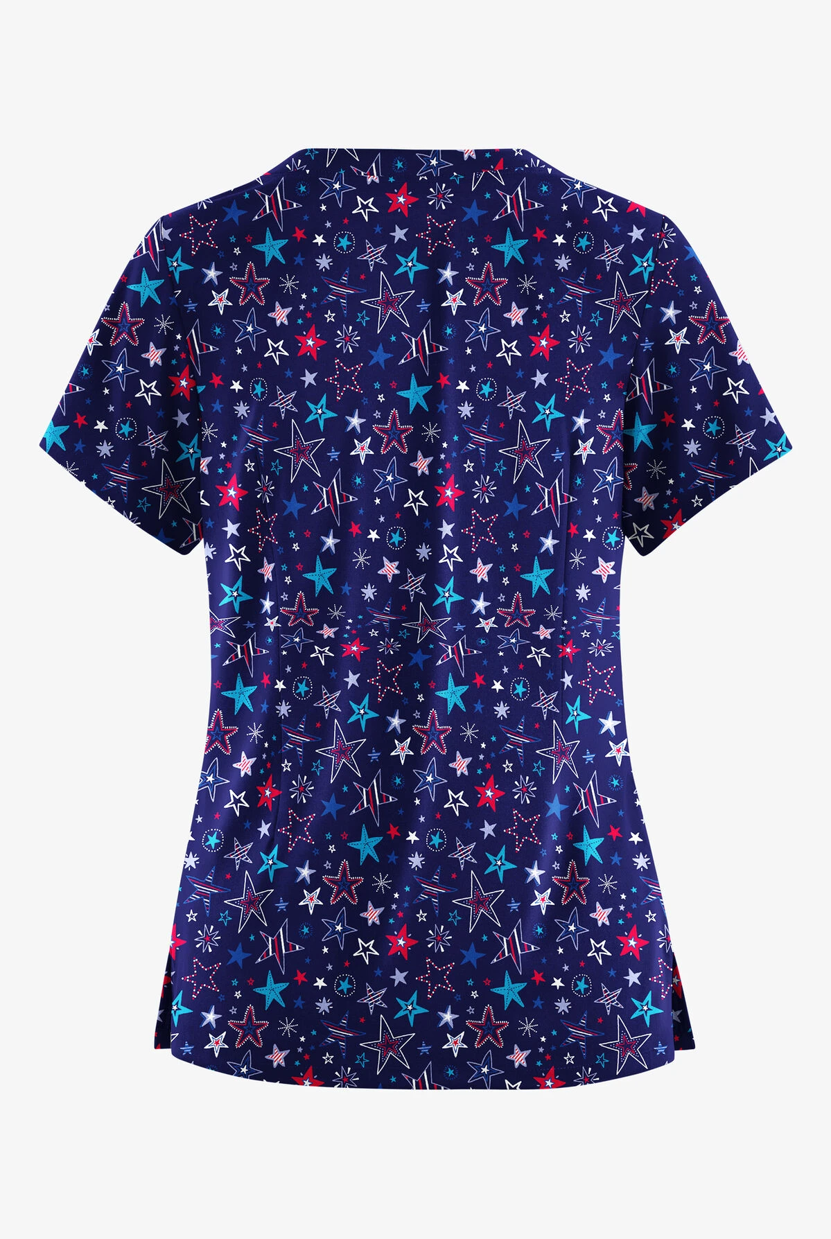 Butter-Soft Originals Summer Starburst Navy Women's 6-Pocket Scallop Neck Printed Scrub Top 2 Butter-Soft Originals Summer Starburst Navy Women's 6-Pocket Scallop Neck Printed Scrub Top - Image 2