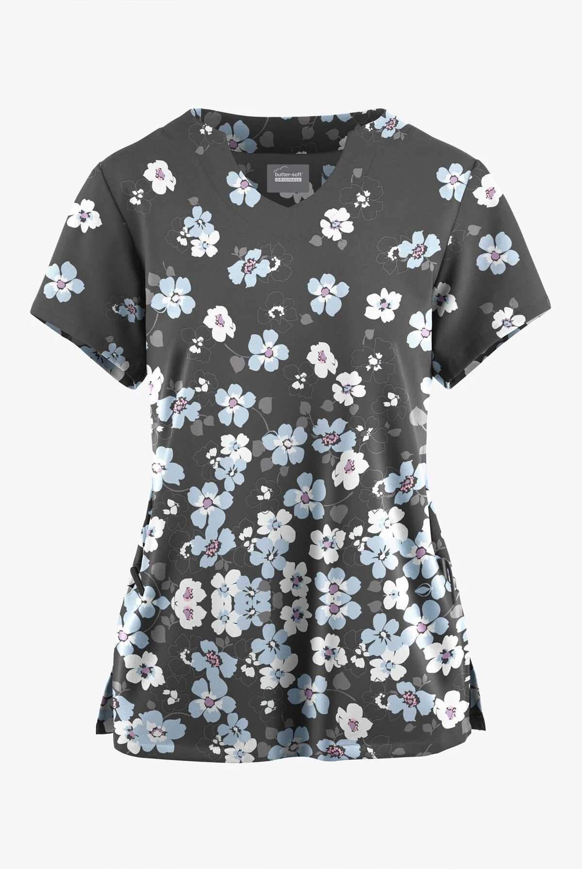 Butter-Soft Originals Boho Floral Pewter Women's 2-Pocket Scallop Neck Printed Scrub Top 1 Butter-Soft Originals Boho Floral Pewter Women's 2-Pocket Scallop Neck Printed Scrub Top