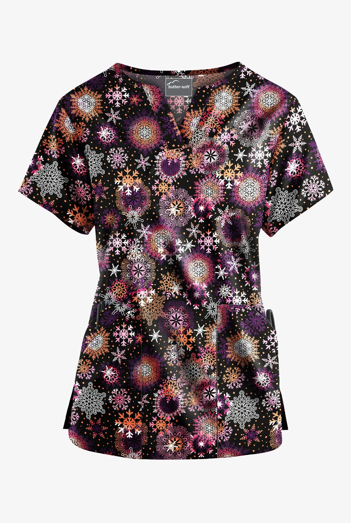 Butter-Soft Dazzling Snowflakes Women’s 4-Pocket V Notch-Neck Printed Scrub Top 1 Butter-Soft Dazzling Snowflakes Women’s 4-Pocket V Notch-Neck Printed Scrub Top