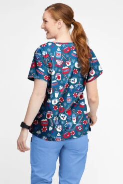 Butter-Soft Xmas Coco Caribbean Blue Women’s 4-Pocket V Notch-Neck Printed Scrub Top -Cherokee Shop TS1531XMCB 3