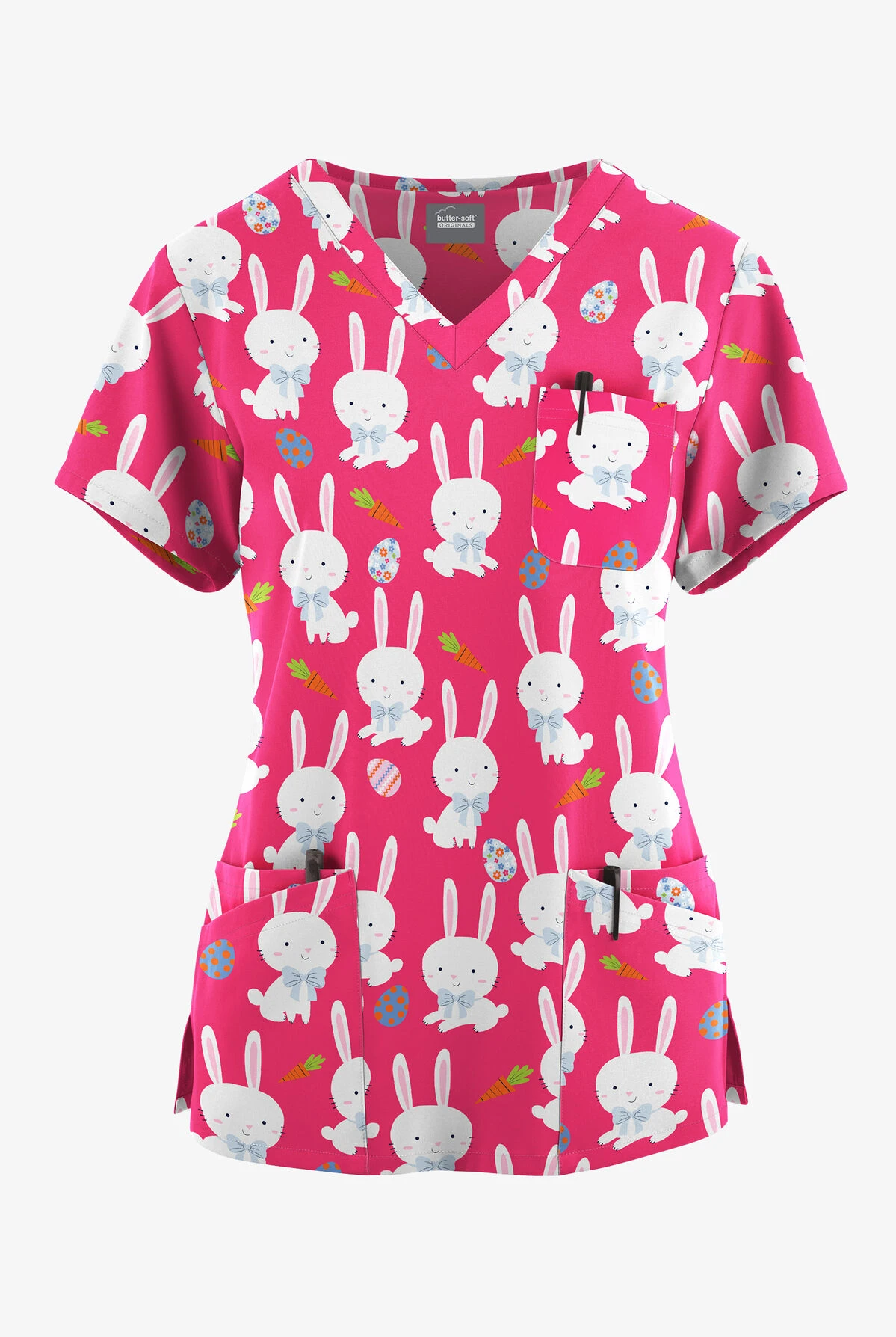 Butter-Soft Originals Easter Egg Hunt Fuchsia Women's 7-Pocket Curved V-Neck Printed Scrub Top 1 Butter-Soft Originals Easter Egg Hunt Fuchsia Women's 7-Pocket Curved V-Neck Printed Scrub Top
