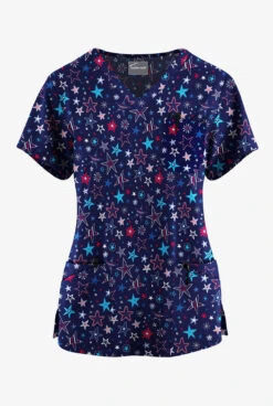 Butter-Soft Originals Summer Starburst Navy Women's 7-Pocket Curved V-Neck Printed Scrub Top 