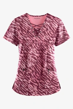 Easy STRETCH By Butter-Soft™ Abstract Animal Wine Women's 4-Pocket Lace Up V-Neck Print Scrub Top